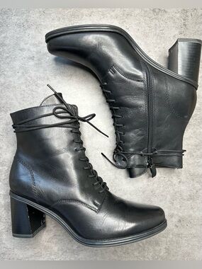 Tamaris Black Leather Lace-Up Ankle Booties Size 38 EU